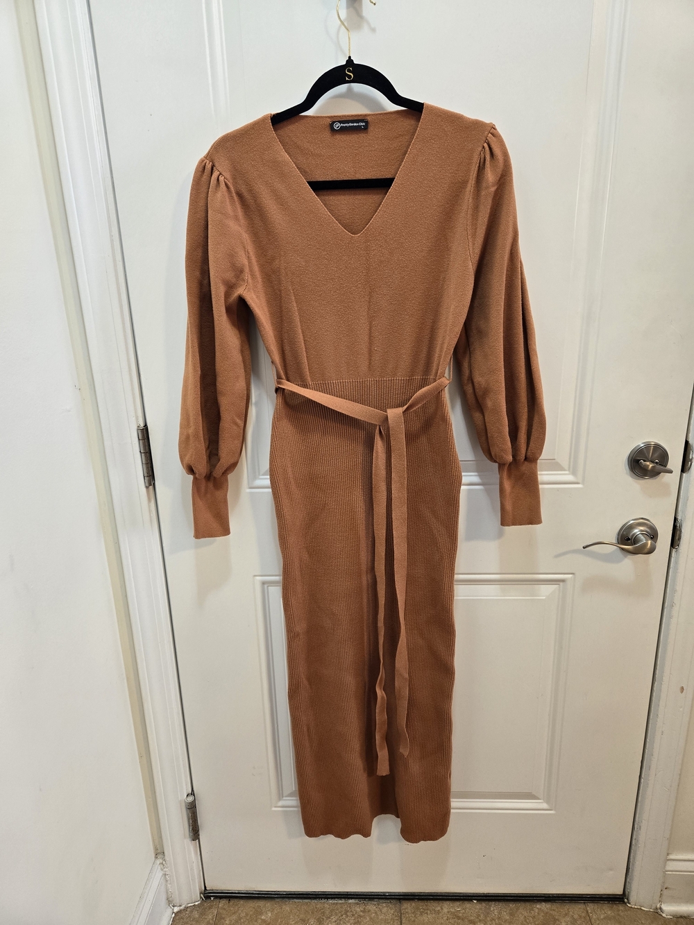 PrettyGarden Chic Ribbed Knit V-Neck Puff Sleeve Belted Midi Sweater Dress Women